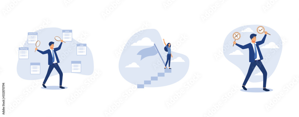Fototapeta premium search for new career and opportunity, woman leadership or challenge and achievement concept, business decision right or wrong, set flat vector modern illustration