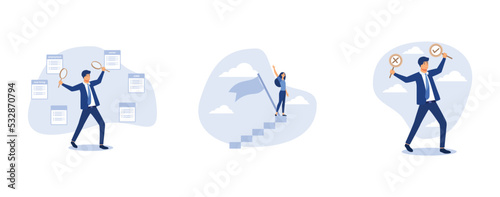 search for new career and opportunity, woman leadership or challenge and achievement concept, business decision right or wrong, set flat vector modern illustration