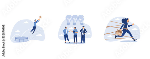 business tools advantage to reach goal or target, collaboration brainstorming and meeting of creative creative people with light bulb ideas, woman career obstacle or inequality, set flat vector modern