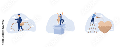 career path dead end, businessman launch from open box with rocket booster, businessman pouring water to fulfill heart shape metaphor of passion, set flat vector modern illustration