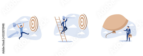 businessman with briefcase standing on dart to achieve business goal, business goal or work purpose, fearful businessman investor standing under huge big air balloon bubble, set flat vector modern ill