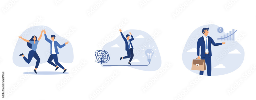 Fototapeta premium Team success winners, thinking process or creativity to solve problem, investment profit growth, set flat vector modern illustration
