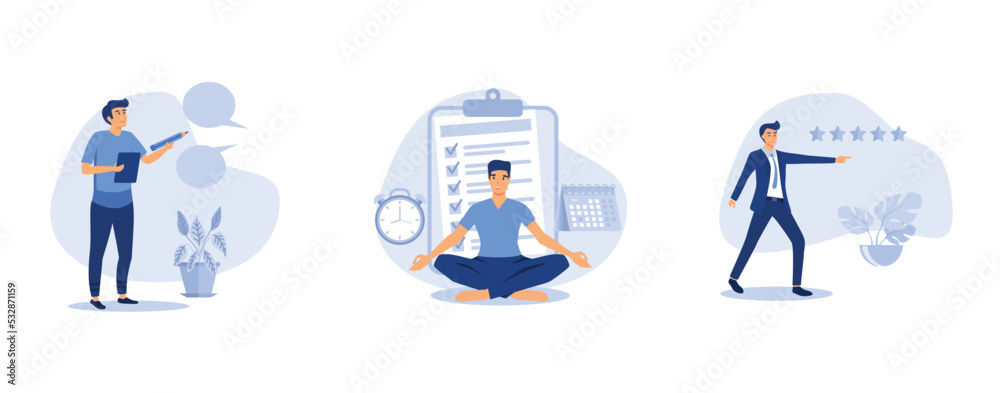 Fototapeta premium Note taking or minutes of meeting, businessman meditate balancing clock and calendar on completed task paper, confidence businessman giving 5 stars rating, set flat vector modern illustration