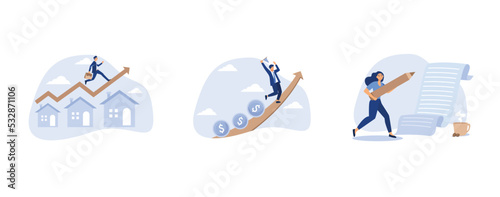 real estate or property growth concept, fund manager holding flag lead money coins running up rising graph, bullet journalist or publishing editor concept, set flat vector modern illustration
