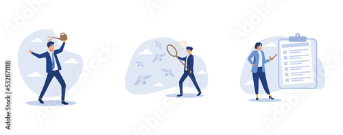 growth mindset, smart businessman chasing and catch flying lightbulb ideas with butterfly net, woman giving check on checkbox in achievement list notepad paper, set flat vector modern illustration