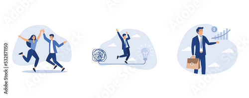 Team success winners, thinking process or creativity to solve problem, investment profit growth, set flat vector modern illustration