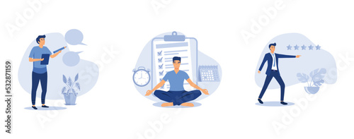 Note taking or minutes of meeting, businessman meditate balancing clock and calendar on completed task paper, confidence businessman giving 5 stars rating, set flat vector modern illustration