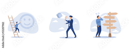 happy boy climb up ladder to paint smile face on the wall, analyze product prototype or competitor, work direction or choose the right way to success concept, set flat vector modern illustration