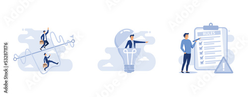 Easy or shortcut way to win business success or hard path and obstacle concept, vision to discover new solution or idea, businessman finish writing rules and regulations document, set flat vector mode