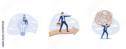 creative idea to solve work problem, business moving forward to achieve success, tried exhausted businessman carrying heavy messy line on his back, set flat vector modern illustration