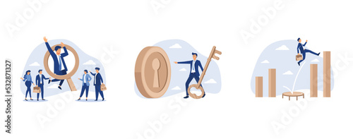 Outstanding winner candidate for job position, financial key success, strong businessman jumping from trampoline back to top of growing bar graph, set flat vector modern illustration