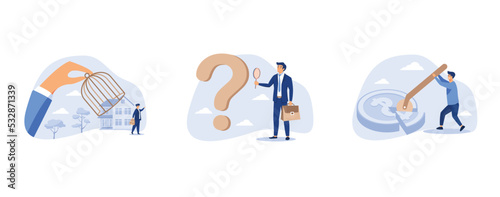 Reopen economy after Coronavirus lockdown, research and leadership skill to find solution or answer for business problem concept, businessman using pizza cutter to split golden dollar money coin, set 