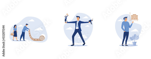 Career path road to success, loser or self motivation problem concept, smart businessman property expertise presenting house pricing graph, set flat vector modern illustration
