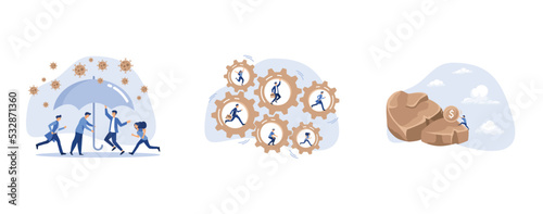 Coronavirus protection safe zone, teamwork collaborate to achieve business goal, frustrated businessman try so hard to push huge money coin from the cliff, set flat vector modern illustration