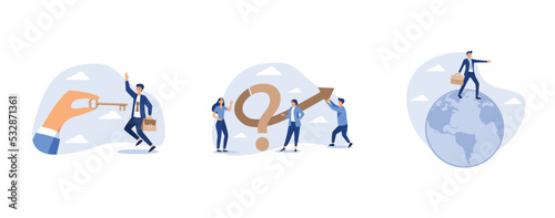 Coaching or training to unlock employee true potential and achieve career success, teamwork to solve business problem, global business vision, set flat vector modern illustration