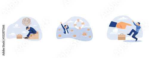 Stress at work, business insurance or government stimulus to aid small business and entrepreneur to survive in COVID-19 outbreak, depressed panic businessman fear of giant pointing finger blame him fo