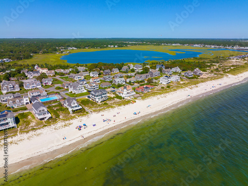 Sea Gull Beach Lighthouse aerial view at Great Island next to Seagull Beach, West Yarmouth, Cape Cod, Massachusetts MA, USA.  photo