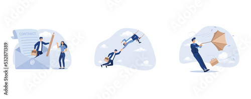 online employment technology or electronic contract signing, support and reliable to help success together concept, frustrated businessman holding broken umbrella in strong wind storm, set flat vector