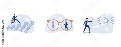 Business growth and career path, eyeglasses with clear vision on businessman and unclear blurry vision on woman, smart businessman archery hit multiple bullseye with single arrow, set flat vector mode