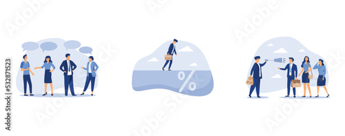 Teamwork share opinion, investment profit and loss concept, confidence businessman manager talk with team through megaphone in clear discussion meeting, set flat vector modern illustration
