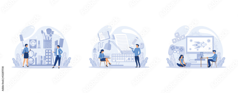 IT profession set. Programmer write software and create code for computer. Coding script for project and app, set flat vector modern illustration