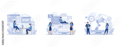 IT profession set. Programmer write software and create code for computer. Coding script for project and app, set flat vector modern illustration