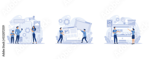 IT profession set. Programmer write software and create code for computer. Coding script for project and app, set flat vector modern illustration