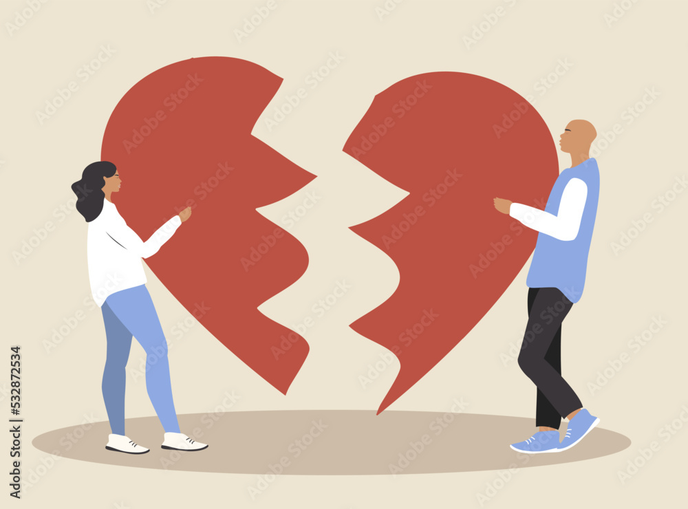 vector illustration in a flat style on the theme of breaking up a relationship. man and woman carry halves of a heart vector illustration in a flat style on the theme of breaking up a relationship. man and woman carry halves of a heart