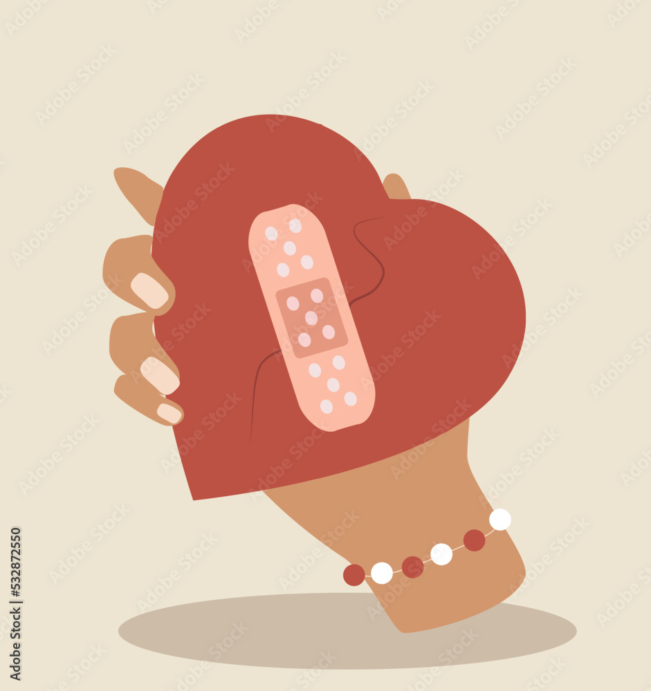 vector illustration in flat style. a hand holds a wounded heart covered with medical plaster