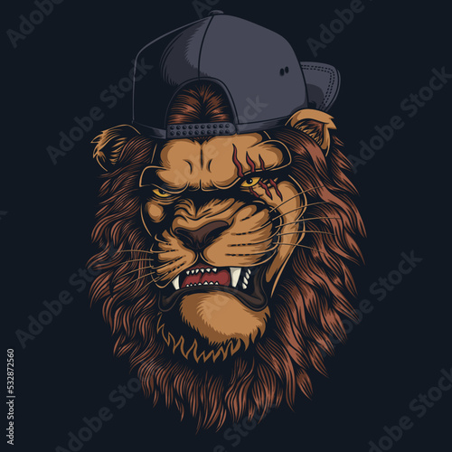 Lion angry wearing backwards hat vector illustration photo