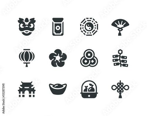 Chinese lunar new year solid glyph icon set with China related icons