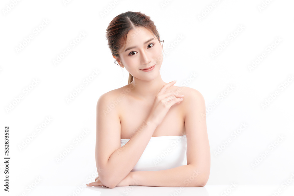 Beautiful young asian woman with clean fresh skin on white background, Face care, Facial treatment, Cosmetology, beauty and spa, Asian women portrait.