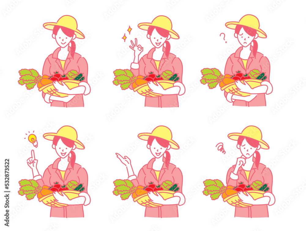 農業女子　農家　農業　野菜を持つ女性のイラスト　ポーズ　バリエーション