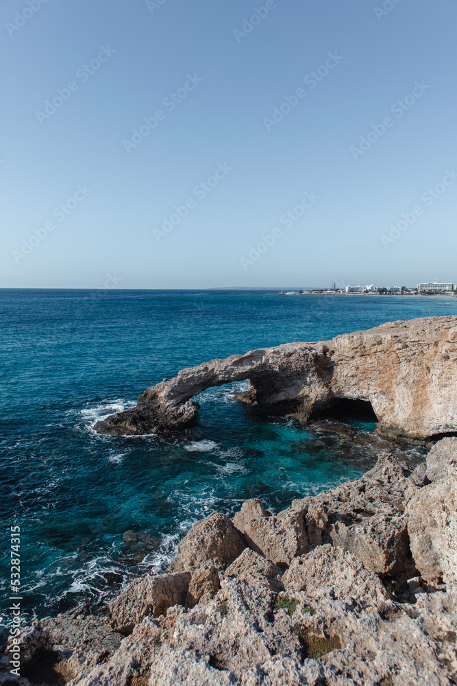 Beautiful seascape with sea cave arch love bridge in Ayia Napa, Cyprus
