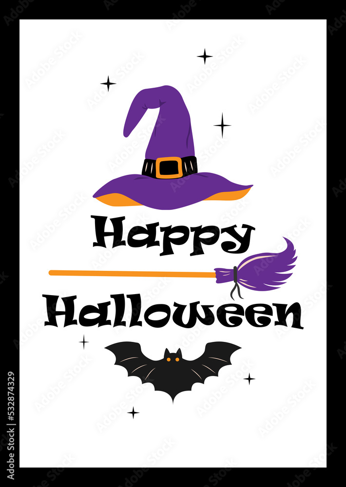 Happy Halloween postcard with witch hat, broom and bat