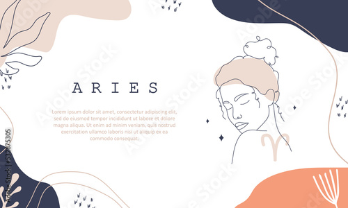 Aries zodiac sign. One line drawing. Astrological icon with abstract woman face. Mystery and esoteric outline background. Astrology horizontal banner. Linear vector illustration in minimalist style.
