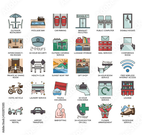 Set of Hotel Facilities&Guest Service thin line icons for any web and app project.