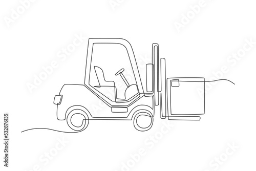Single one line drawing forklift for carry box. Shipment and logistic concept. Continuous line draw design graphic vector illustration.