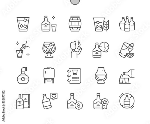 Whisky. Alcohol menu. Bar and cafe. Whiskey production. Buy, price and reviews. Pixel Perfect Vector Thin Line Icons. Simple Minimal Pictogram