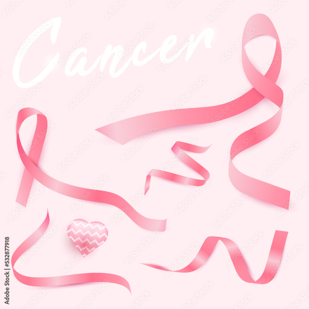 set of pink ribbons on a white background, suitable for women's day and cancer day design elements