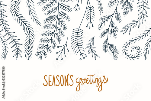 Set Christmas leaves plants hand drawn vector. Drawing beautiful creeper leaf, decorative set with leaves and lettering. Vector illustration 