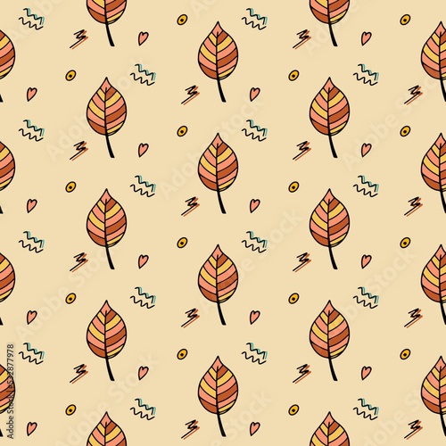 Autumn leaves in doodle style. Seamless illustration. Hello, Autumn. For textile, background or screensaver. Vector