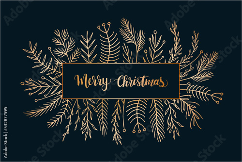 Set Christmas leaves plants hand draw vector. Drawing beautiful creeper leaf, decorative set with leaves and lettering. Vector illustration 

