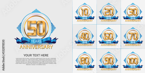 set of anniversary with golden color and blue ribbon can be use for celebration moment