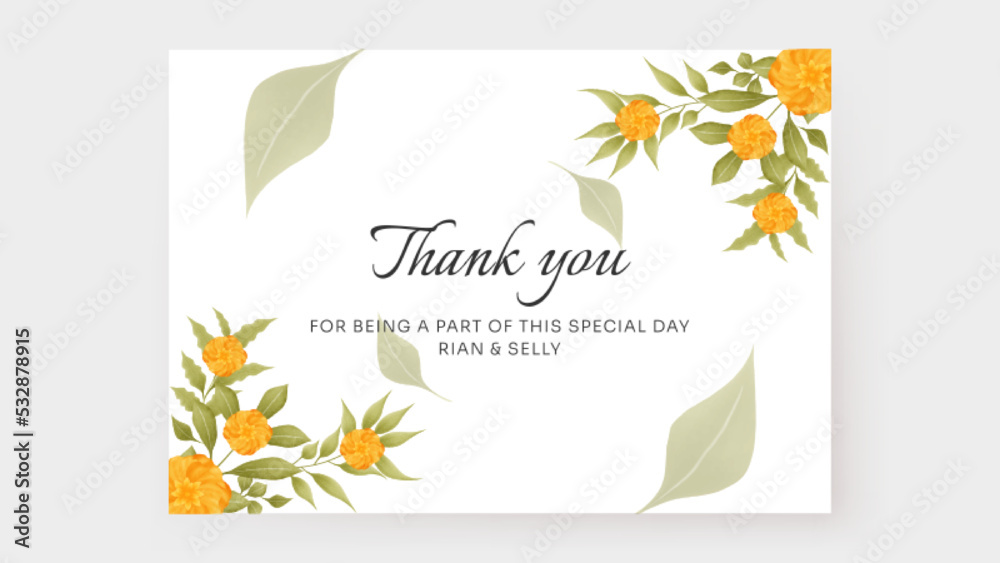 Elegant wedding invitation, thank you card with watercolor yellow flower