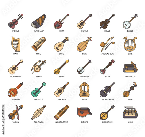 Set of string instruments thin line icons for any web and app project.