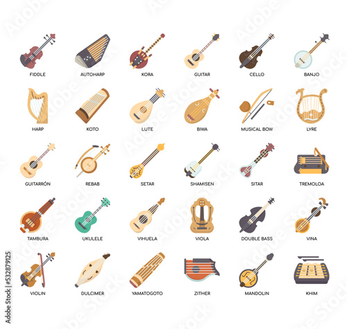 Set of string instruments thin line icons for any web and app project.