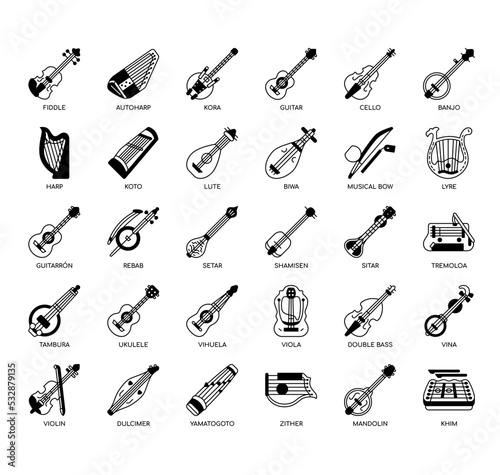 Set of string instruments thin line icons for any web and app project. photo