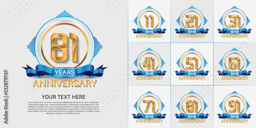 set of anniversary with golden color and blue ribbon can be use for celebration moment