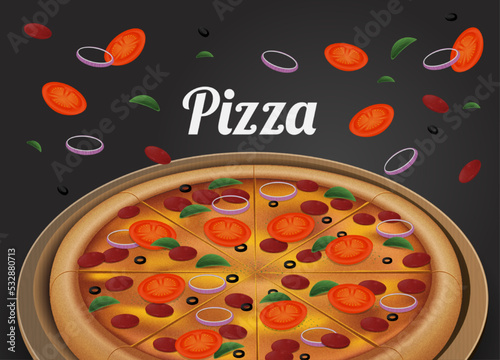 Pizza vector on the board and the ingredients for the pizza falling down. gray background. realistic style vector illustration